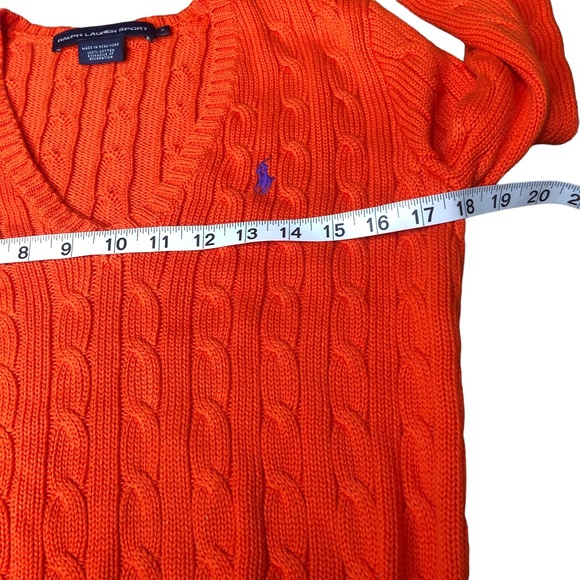Vintage Ralph Lauren Sport Cable Knit Sweater Medium Orange V-Neck Pullover - Picture 6 of 9